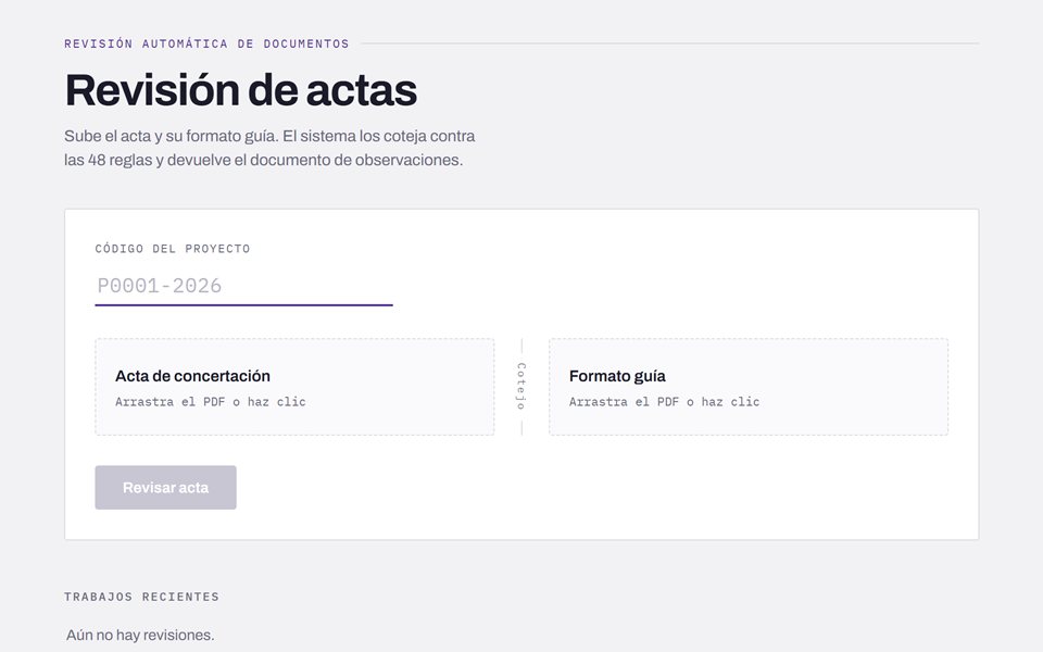 Interfaz del sistema de revisión automática de actas: se sube el acta y el formato guía en PDF